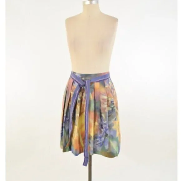 Moschino Skirt 4 Floral Tie Dye Pleated Flare Belt Luxury Painting Multicolor - Picture 3 of 13
